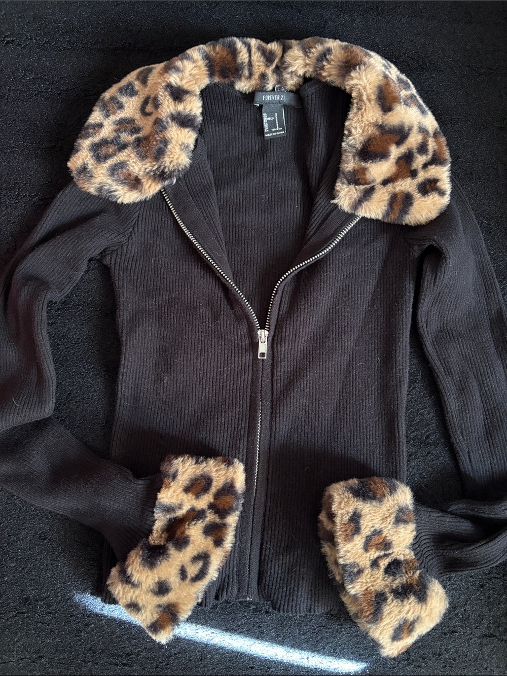 Forever 21 Black Knit sweater with Leopard Faux-Fur Trim